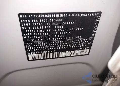 2018 Volkswagen Tiguan 2.0T Se/2.0T Sel из США, поврежденный, VIN 3VV2B7AX8JM133676